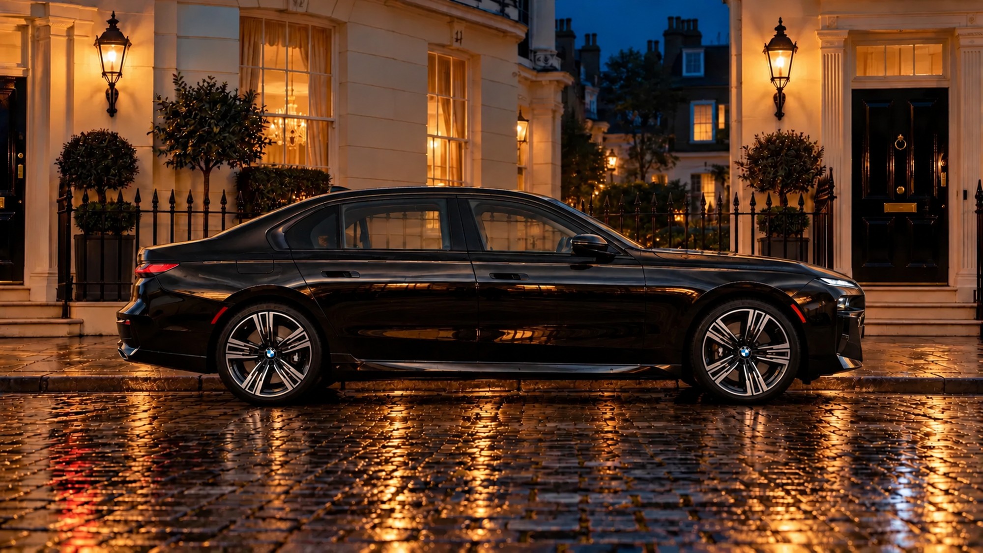 BMW 7 Series outside a London townhouse at dusk