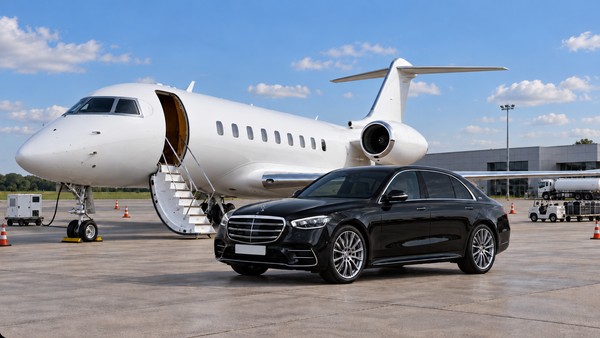 Black Mercedes-Benz S-Class beside a private jet on the apron
