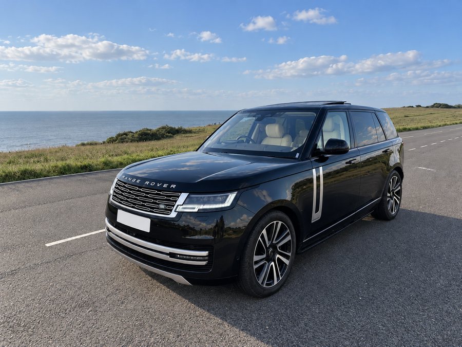Black Range Rover on a clifftop road beside the sea on a sunny afternoon