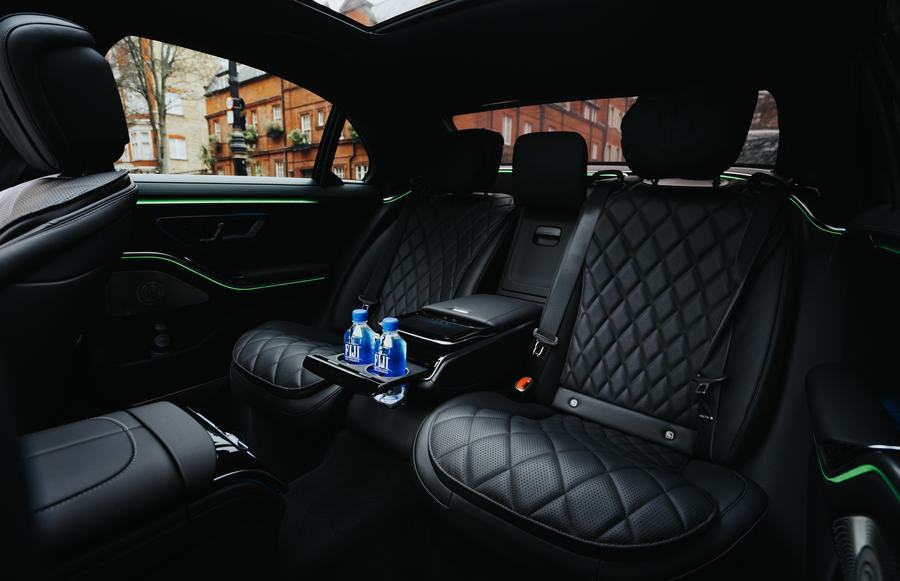 Angled view of the Mercedes-Benz S-Class rear seats and glass roof