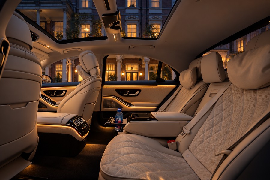 Mercedes-Benz S-Class rear seats with white leather and a glass roof at dusk