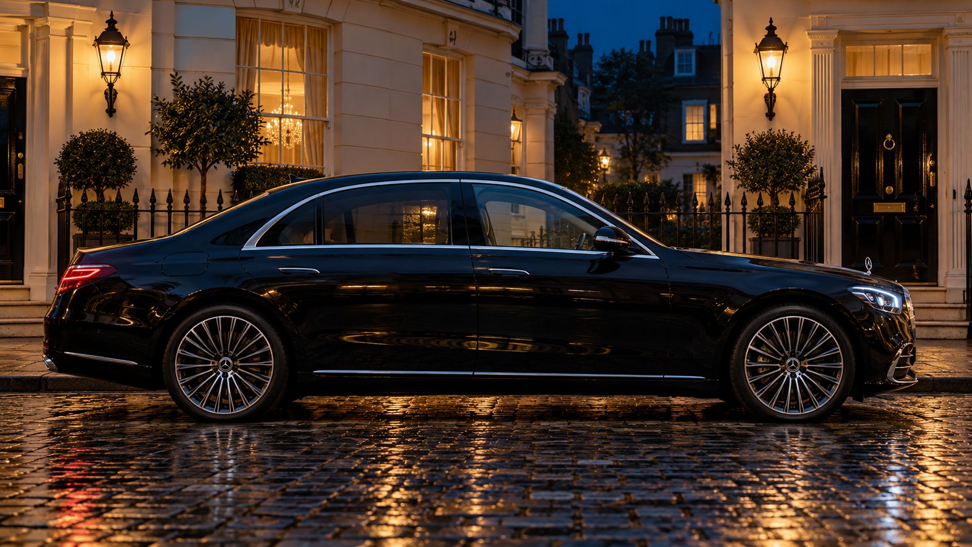 Mercedes-Benz S-Class side-on at dusk, rear door closed