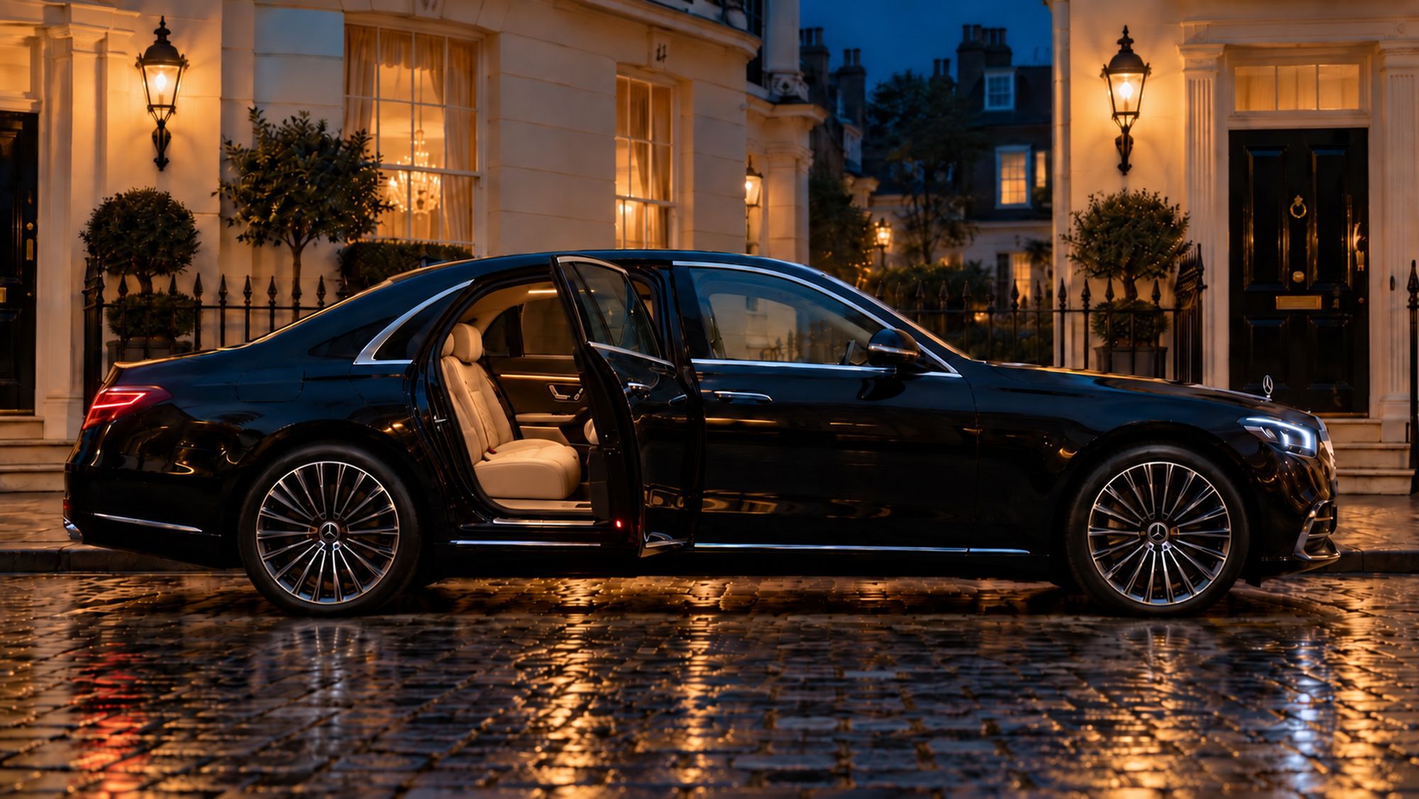 Mercedes-Benz S-Class at dusk, rear door open to the cream leather cabin
